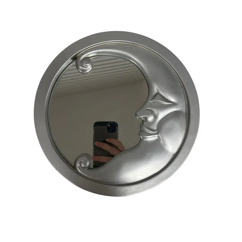 Vintage Silver Crescent Moon Face Mirror Celestial Circular Wall Home Decor